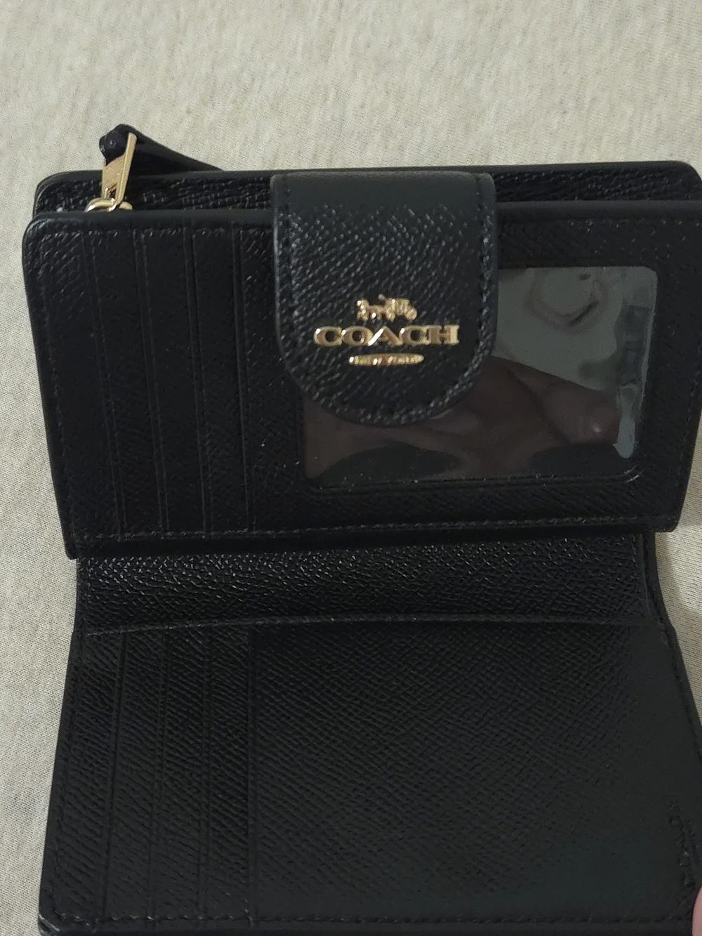 Coach Black Leather Compact Wallet with Gold Logo